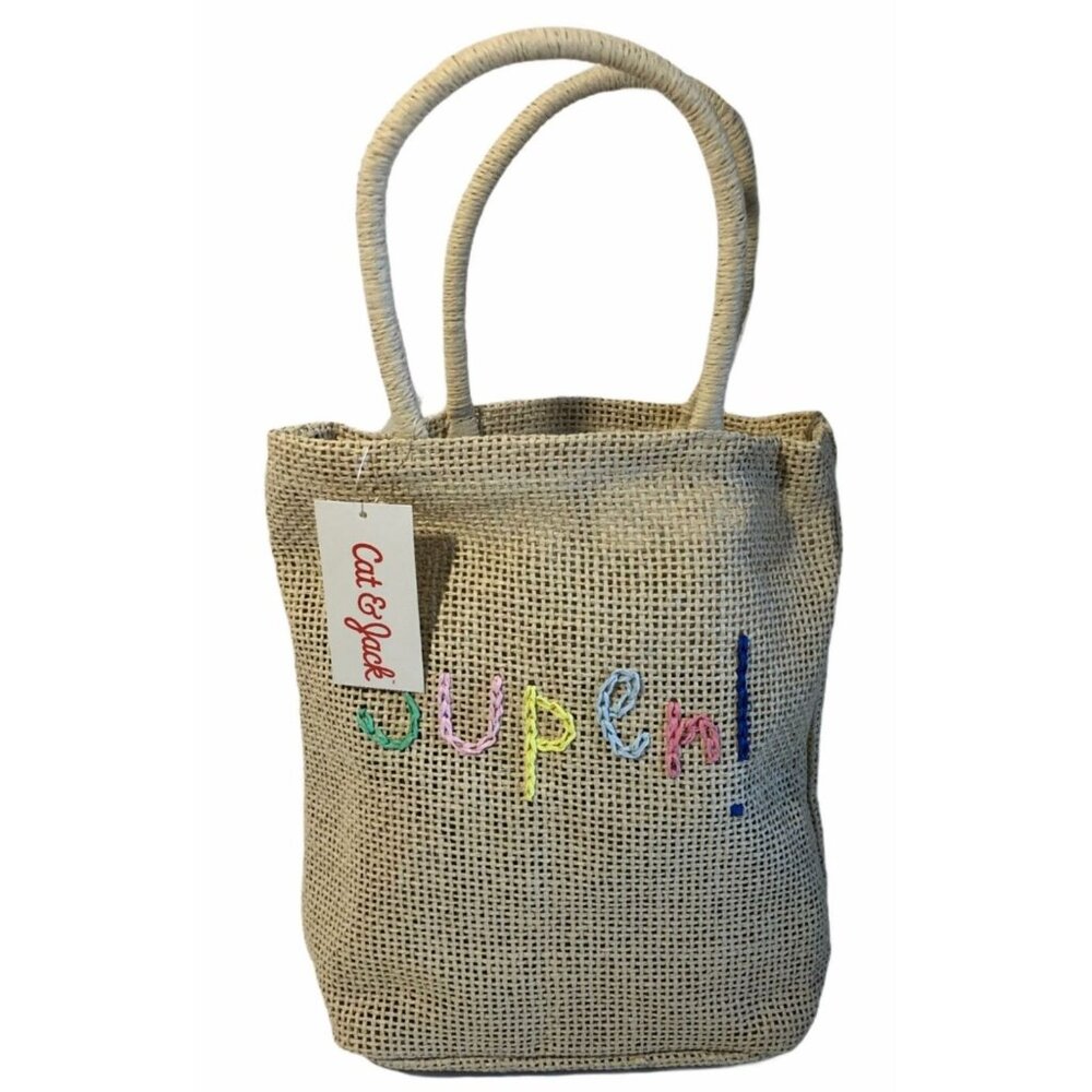 NWT Tote Bags Beach Woven set of 2 Beige Tan Embroidery Kids Women Vacation Holi